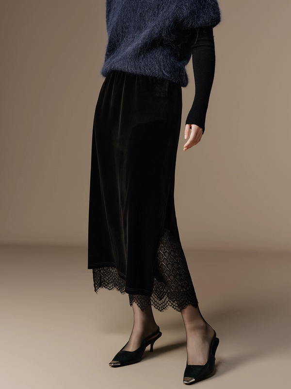 French Romantic Style Stretch Waist Lace-Trim Draped Velvet Long Skirt