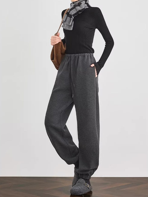 Yak Wool Air-Layer Gray Fleece-Lined Jogger Sweatpants for Women — Thickened Relaxed-Fit Casual Sports Pants