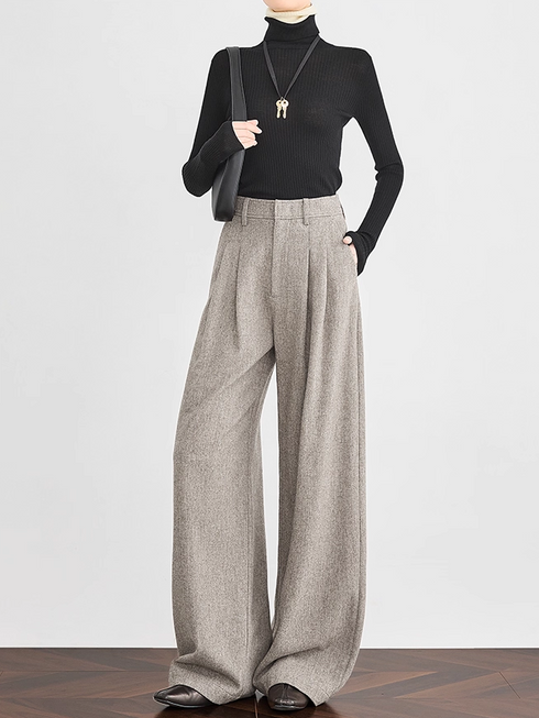 Women's Oatmeal Wide-Leg Wool Trousers – Premium Draped Wool-Blend Suit Pants for Winter