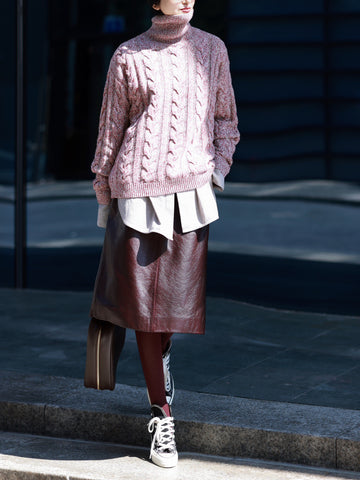 Raspberry Tonal Merino Wool Sweater – Ultra-Soft Melange Knit High-Neck Pullover