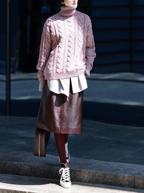 Raspberry Tonal Merino Wool Sweater – Ultra-Soft Melange Knit High-Neck Pullover