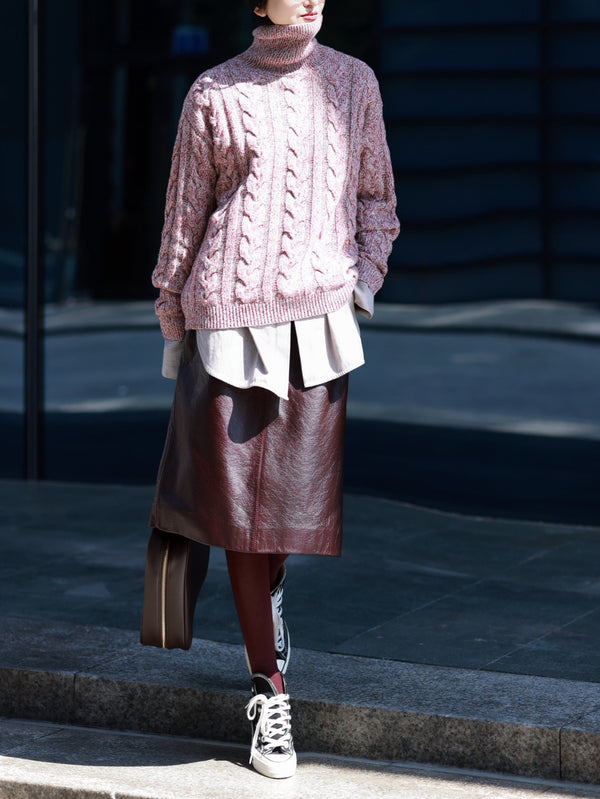 Raspberry Tonal Merino Wool Sweater – Ultra-Soft Melange Knit High-Neck Pullover