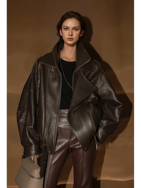 Vegetable-Tanned Goatskin Leather Jacket for Women – Double-Layer Genuine Leather Moto Coat for Fall Winter