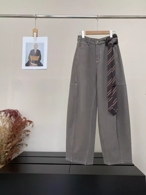 Women’s Fleece-Lined High-Waist Jeans | Unique Deconstructed Wide-Leg Denim Pants with Belt for Winter