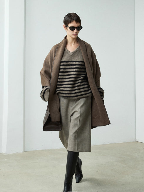 Women’s Relaxed Wool Striped Sweater with Sweetheart Neckline | Minimalist Fall/Winter Knit