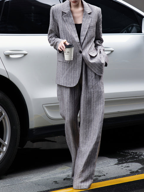 Premium Custom Autumn Linen Striped Suit Set – Relaxed Old Money Style