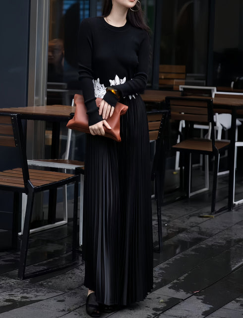 Elegant Designer Pleated Dress – Knit Patchwork Embroidery Slim Fit Luxury Midi Dress for Women