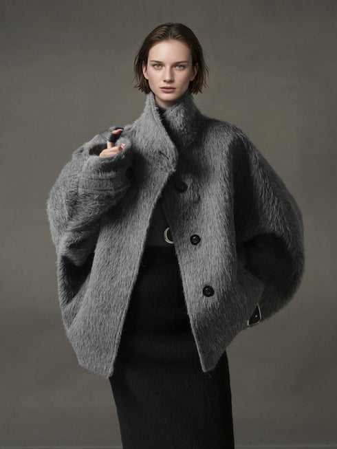 Alpaca Wool Biker Jacket for Women – Stand Collar Suoli Alpaca Coat with Luxe Textured Finish, Winter Chic Outerwear