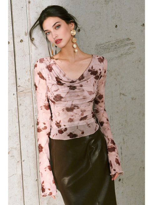 Women’s Sheer Gauze Slim Fit Top – Gold Thread, Artistic Print, Draped Lace Collar