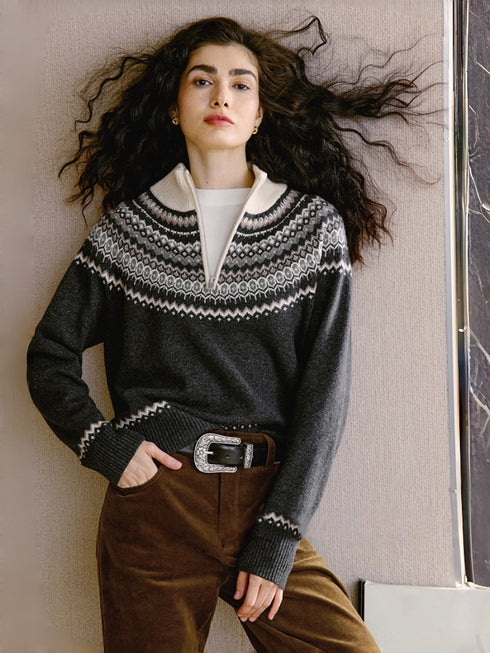 Winter Romance Retro Fair Isle Wool Sweater – Soft, Plush, High-Warm Inverted Trapeze Knitwear