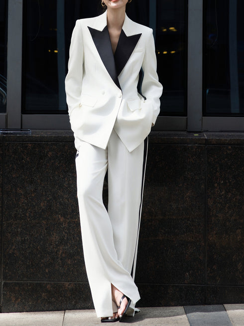 Business Professional Women's Suit Set | High-End Black and White Color Block Blazer & Wide-Leg Trousers - Elegant Formal Two-Piece Outfit