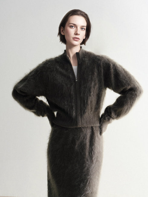 Luxury Brushed 100% Cashmere Stand-Collar Zip-Up Cardigan | Soft Fleece-Like Knit Sweater for Women