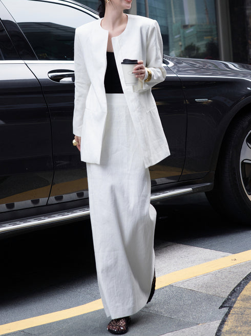 Autumn Old Money Style Set – 100% Linen Round-Neck Blazer & Midi Skirt Two-Piece