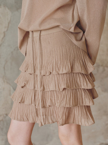 Refreshing Linen & Cotton Blend Ruffled Cake Mini Knit Skirt - Four-Layered Youthful A-Line Skirt
