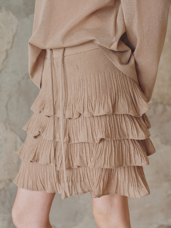 Refreshing Linen & Cotton Blend Ruffled Cake Mini Knit Skirt - Four-Layered Youthful A-Line Skirt