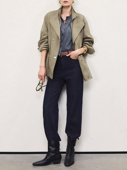Autumn Retro High-Density Cotton Drawstring Dual-Collar Utility Jacket