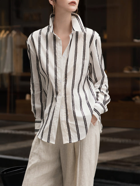 Sequin Embroidered Striped Shirt & Imported Dew Linen Silver Thread Pants Set – Elegant Two-Piece Set for Women