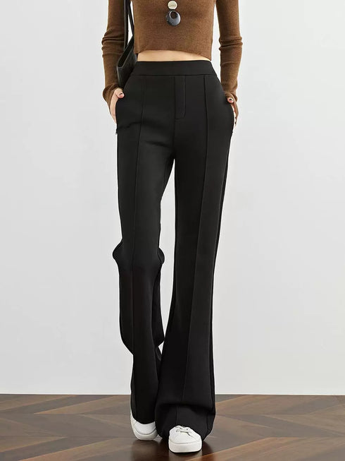 Women's Black Horseshoe Pants – Fleece-Lined Slim Straight Slightly Flared Casual Trousers for Fall/Winter