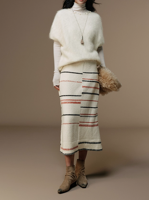 Lazy Winter Chunky Knit Colorblock Striped Stretch Midi Skirt