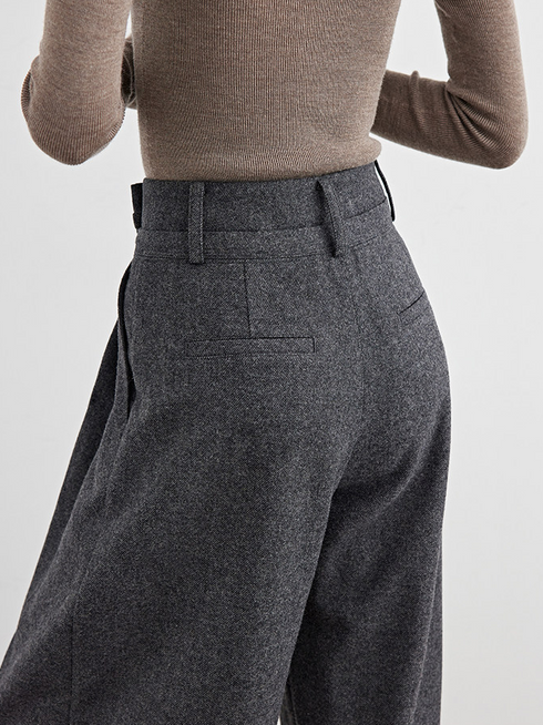 Women's Gray Wool Wide-Leg Pants – Draped Straight-Leg Casual Suit Trousers for Fall, Influencer Favorite