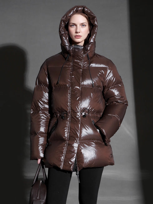 Glossy Hooded Down Jacket for Women | Water-Repellent Windproof Insulated Short Puffer Coat