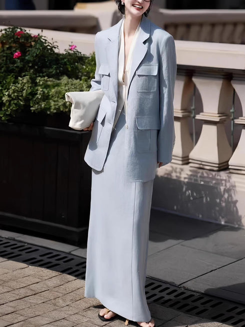 Old Money Autumn Suit Set – Relaxed Linen Blazer & Skirt Two-Piece