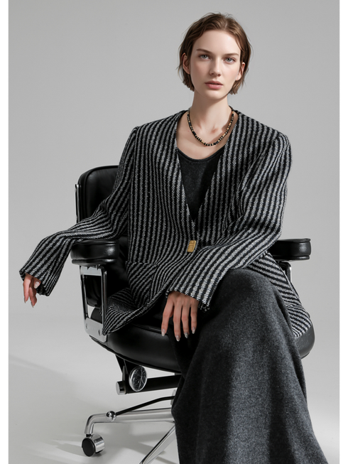 Nordic Striped Wool Blazer for Women – Elegant V-Neck Suit Jacket with Metal Buckle and Structured Shoulders, Fall Office Wear