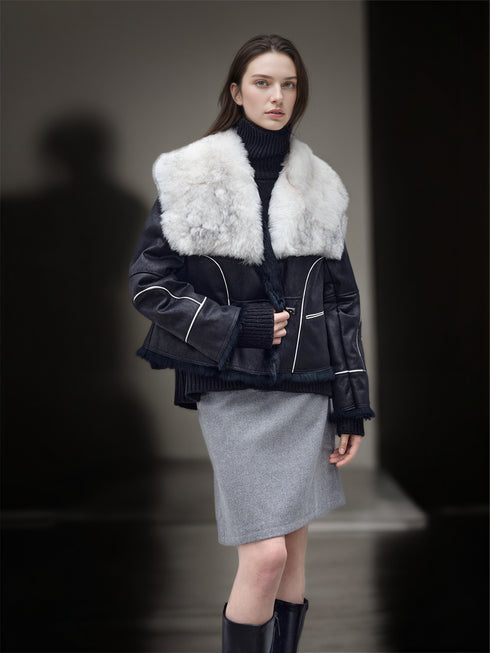 Women’s Short Shearling Suede Coat with Wool-Blend Collar | Stylish Winter Jacket