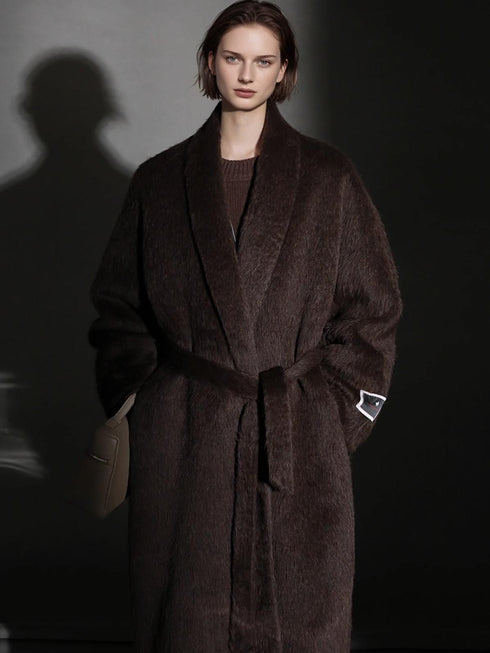 Luxury Suri Alpaca Wool Coat for Women – Double-Faced Winter Fur-Trim Overcoat with Chic Lapel Collar