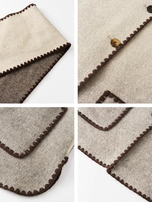 Women's Minimal Luxury Gradient Wool Double-Faced Coat with Detachable Color-Block Scarf – Mid-Length Winter Overcoat