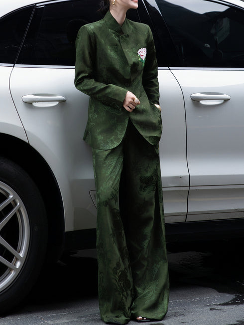 Embroidered Beaded Jacquard Suit Set – Sophisticated Blazer & Wide-Leg Pants