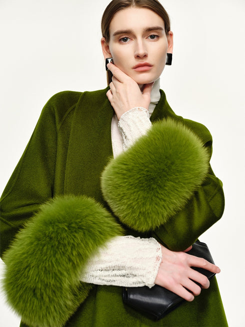 20% Cashmere Double-Faced Wool Coat for Women – Short Vintage Green Overcoat with Fox Fur Cuffs