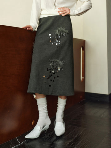 Hand-Beaded Wool A-Line Midi Skirt with Rare Imported Turkey Feathers | Luxury One-Piece Design