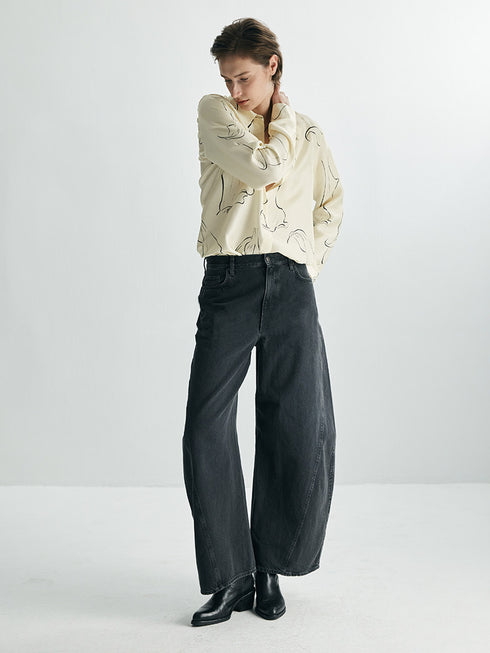 Women's Hand-Drawn Calla Lily Line Print Relaxed-Fit Silk Long-Sleeve Shirt – Mulberry Silk Office Blouse