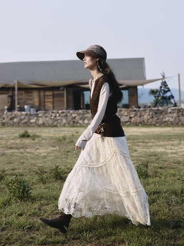 French Romantic Lace Hollow Skirt with Heavy Embroidery | Autumn Elegant A-Line Midi Skirt