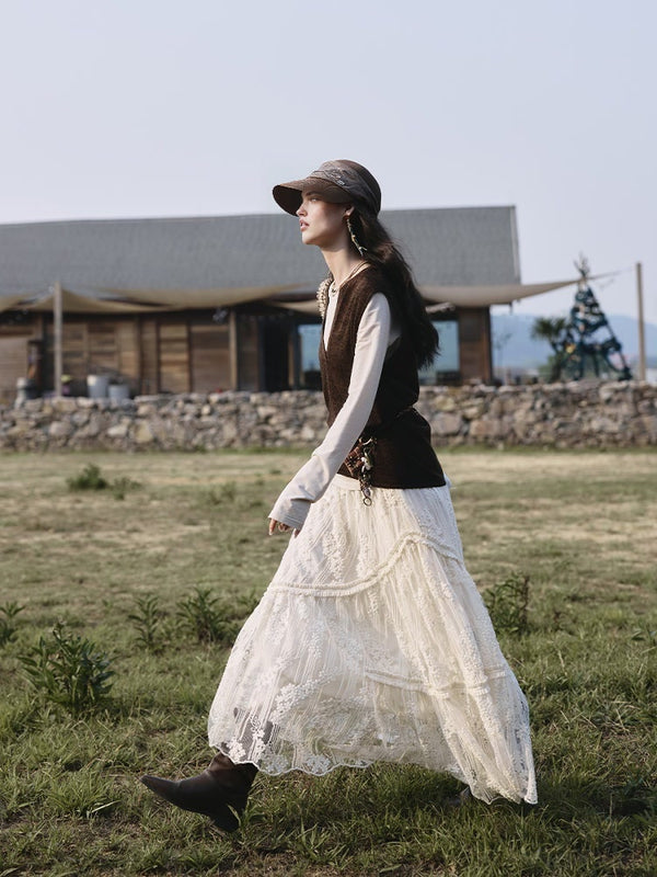 French Romantic Lace Hollow Skirt with Heavy Embroidery | Autumn Elegant A-Line Midi Skirt