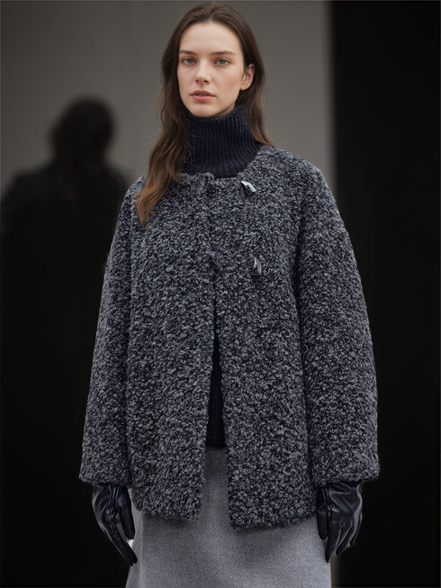 Women’s Short Wool Blend Coat with Alpaca Texture | Elegant Tweed Style Winter Jacket
