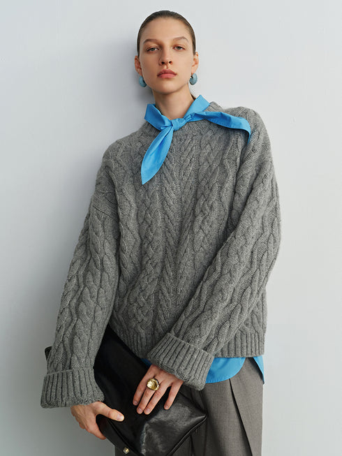 Retro Green Wool Cable Knit Sweater – Loose Christmas Pullover for Women, Autumn Winter Outfit