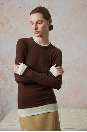 Two-Piece Wool Knit Sweater – Slim Fit Round Neck Long Sleeve Turtleneck with Color-Block Design