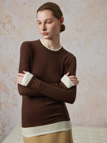 Two-Piece Wool Knit Sweater – Slim Fit Round Neck Long Sleeve Turtleneck with Color-Block Design