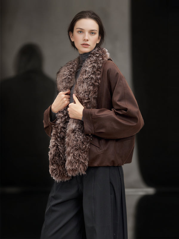 Women’s Short Down Parka with Shearling and Fur Collar | 90% White Goose Down Winter Coat