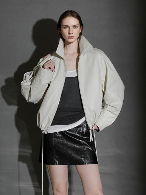 Women’s Short Moto Leather Jacket with Small Notch Collar and Cinched Hem – Spring/Fall Leather Biker Jacket