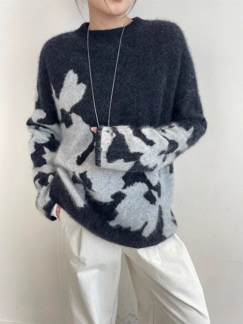Women’s Wool Cashmere Jacquard Knit Sweater | Soft Brushed Pullover with Relaxed Fit for Fall Winter