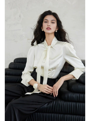 Women’s Luxury Satin Shirt – Floating Collar, Waist-Cinching Long Sleeve, Double-Faced Fabric