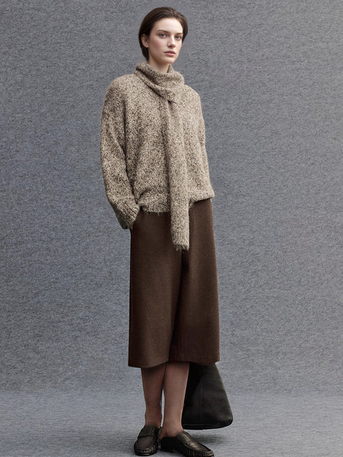 Textured Mélange Knit Sweater with Detachable Scarf | Relaxed H-Silhouette Drop-Shoulder V-Neck Pullover for Women