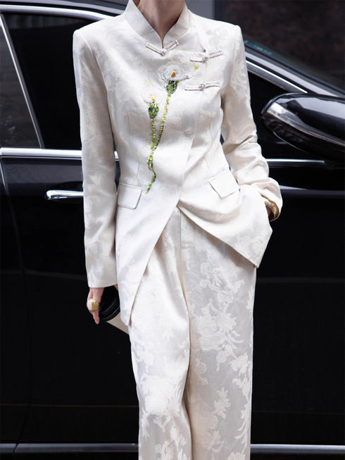 High-End Jacquard Suit Set – 3D Embroidered Blazer & Wide-Leg Pants