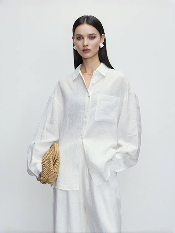White Linen Long-Sleeve Shirt – 100% Pure Flax, Breathable & Timeless