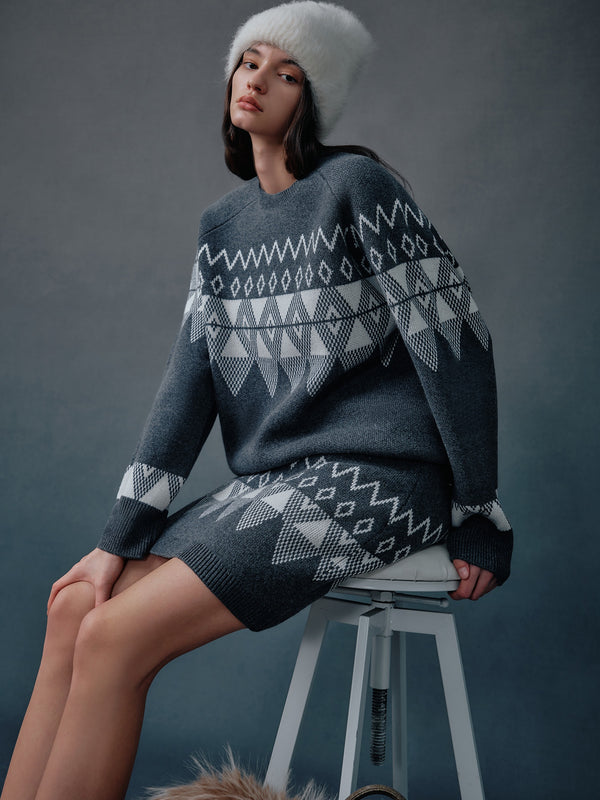 Nordic Vintage Fair Isle Jacquard Color-Block Wool Sweater & Knit Set - Round Neck, Heavy Embroidery