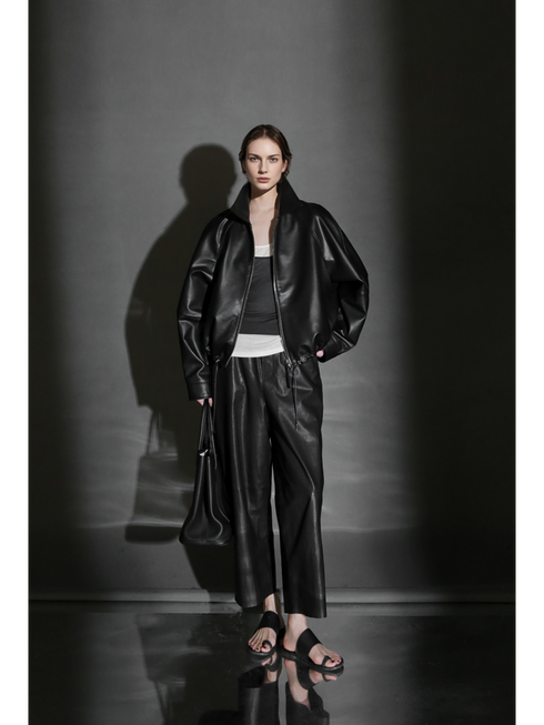 Women’s Short Moto Leather Jacket with Small Notch Collar and Cinched Hem – Spring/Fall Leather Biker Jacket