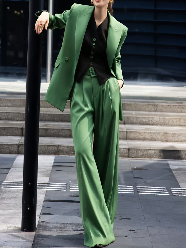 Luxury Custom Tailored Women's Suit Set | Designer Belted Vest, Blazer & Wide-Leg Trousers - Elegant Quiet Luxury Professional Three-Piece Outfit